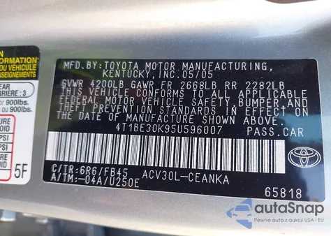 2005 Toyota Camry Le/Xle/Se from USA, damaged, VIN 4T1BE30K95U596007